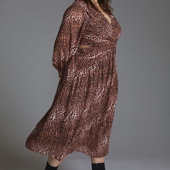 Anthropologie Ranna Gill Brown Motif Printed Cut-Out Midi Dress - Picture 4 of 9